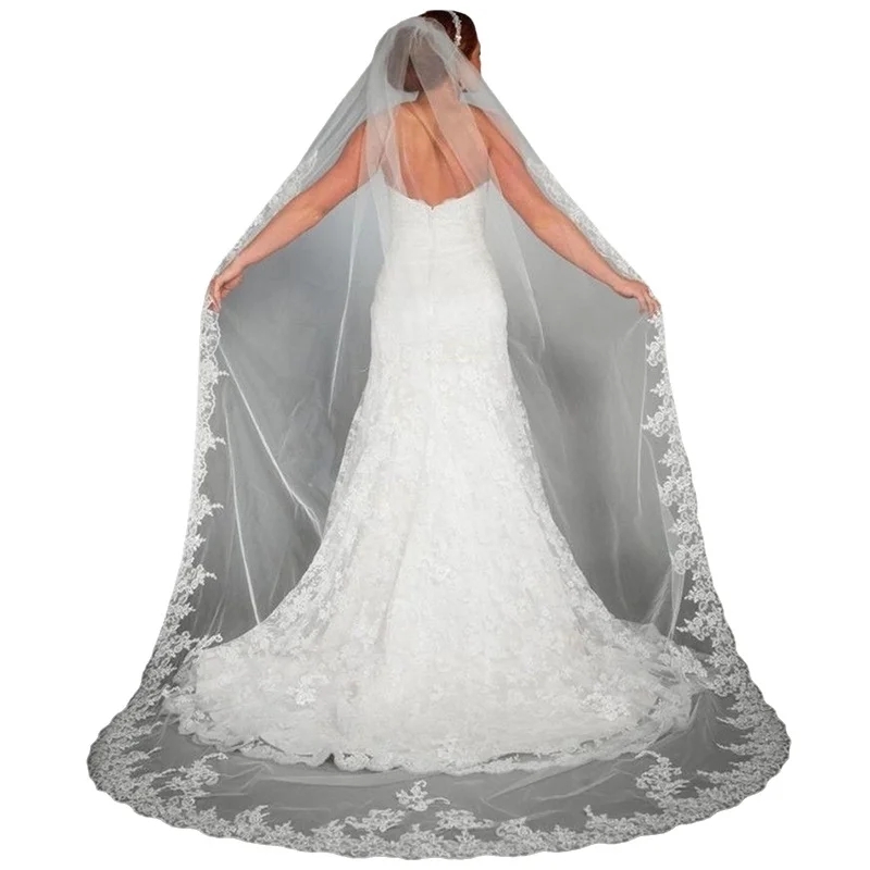 Eleganter 3M-Brautschleier mit Spitzenapplikation bin Rand, einlagig, weicher Tüll, Hochzeitsaccessoires für Frauen, Party