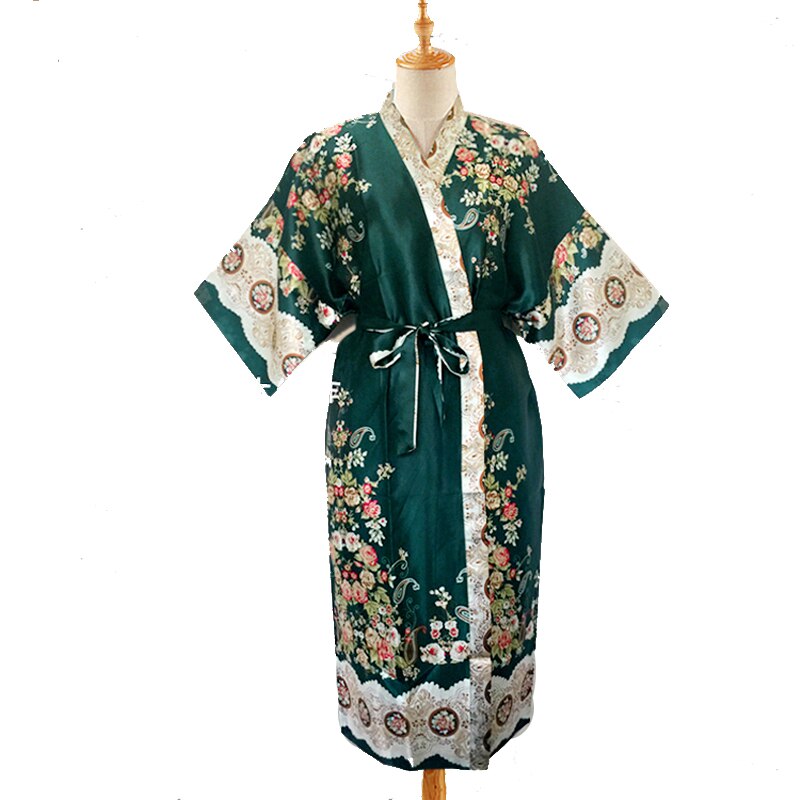 Factory Direct Selling Green Chinese Men Satin Rayon Robe Print Kimono Bath Gown Summer Casual Home Wear Male Nightwear