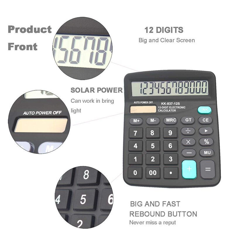 Calculators, 12-Digit Dual Power Handheld Desktop Calculator with Large LCD Display Big Sensitive Button (Black, Pack of 5)