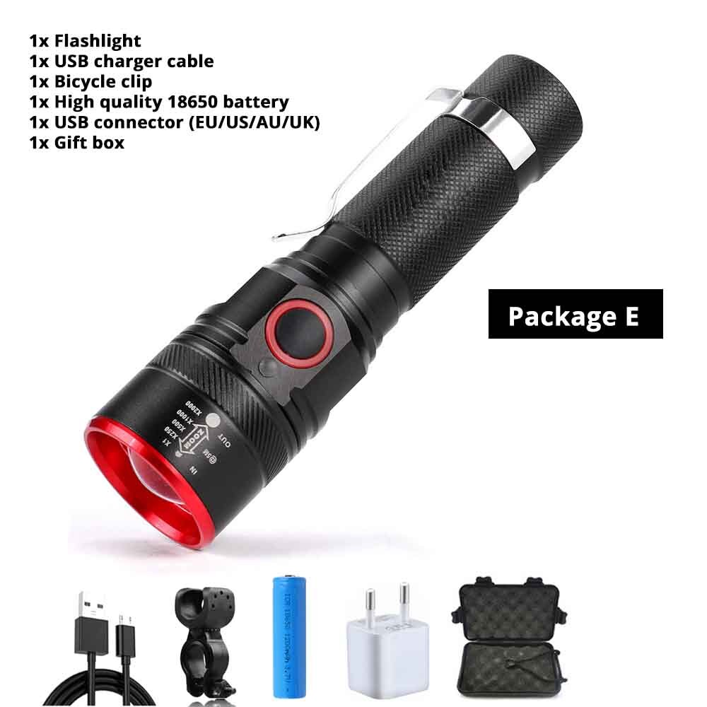 USB Charging LED Bicycle Light 3 Lighting Mode Zoomable Waterproof Portable Torch Powered By 18650 Battery with Free USB Cable: Package E