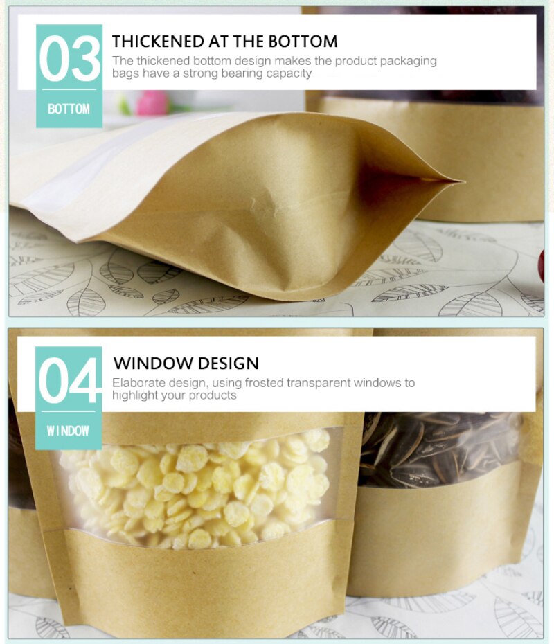 100 Pcs Thickened Front Transparent Kraft Paper Bag Nut Tea Self-standting Ziplock Package Bag Food Packaging Pouches