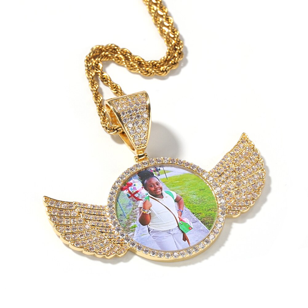 THE BLING KING Cubic Zirconia Made Photo Pendant Necklace Soild Back Full Iced Out Wing Round Tag Hiphop Jewelry