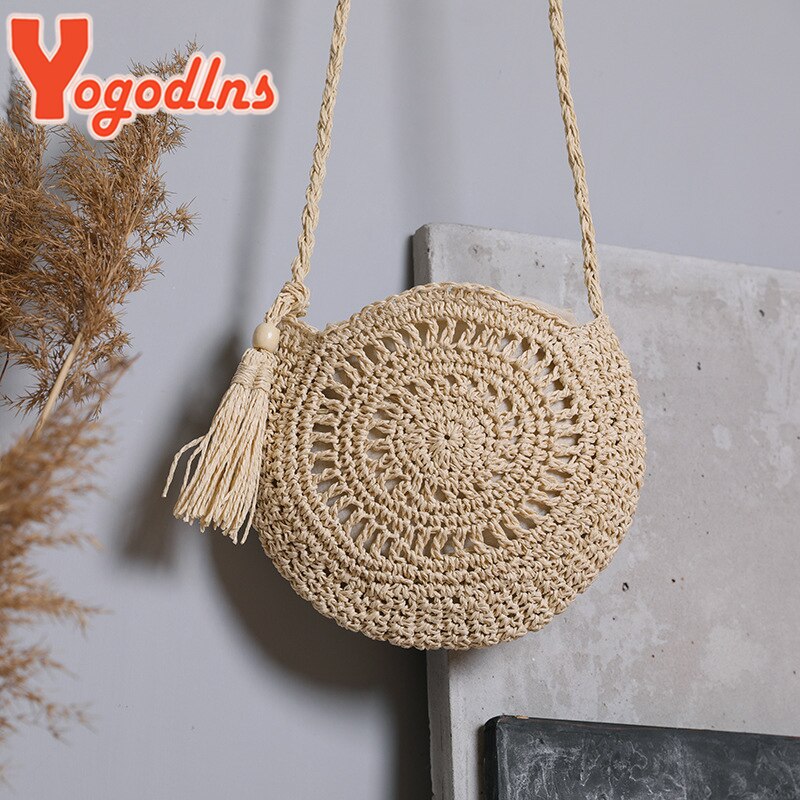 Yogodlns Ronde Zacht Papier Touw Schoudertas Kwastje Zomer Strand Handgemaakte Crossbody Tassen Vrouwen Holle Strozak Cirkel Rotan Tas