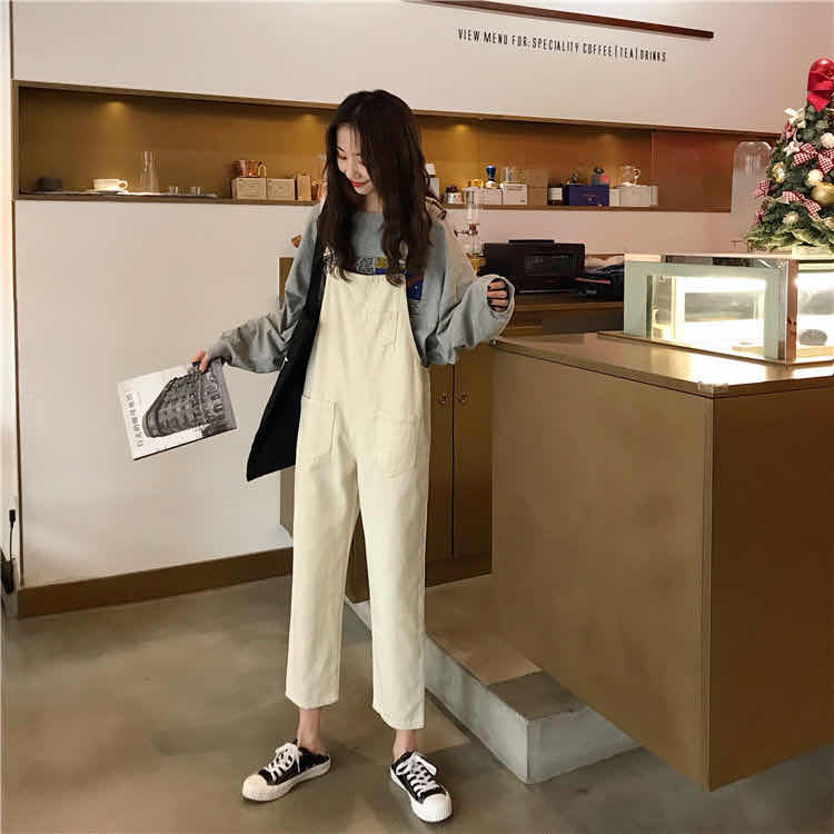 Kvinder retro overalls koreansk street style ren sort vild løs kæreste denim overalls ni point brede ben bukser college