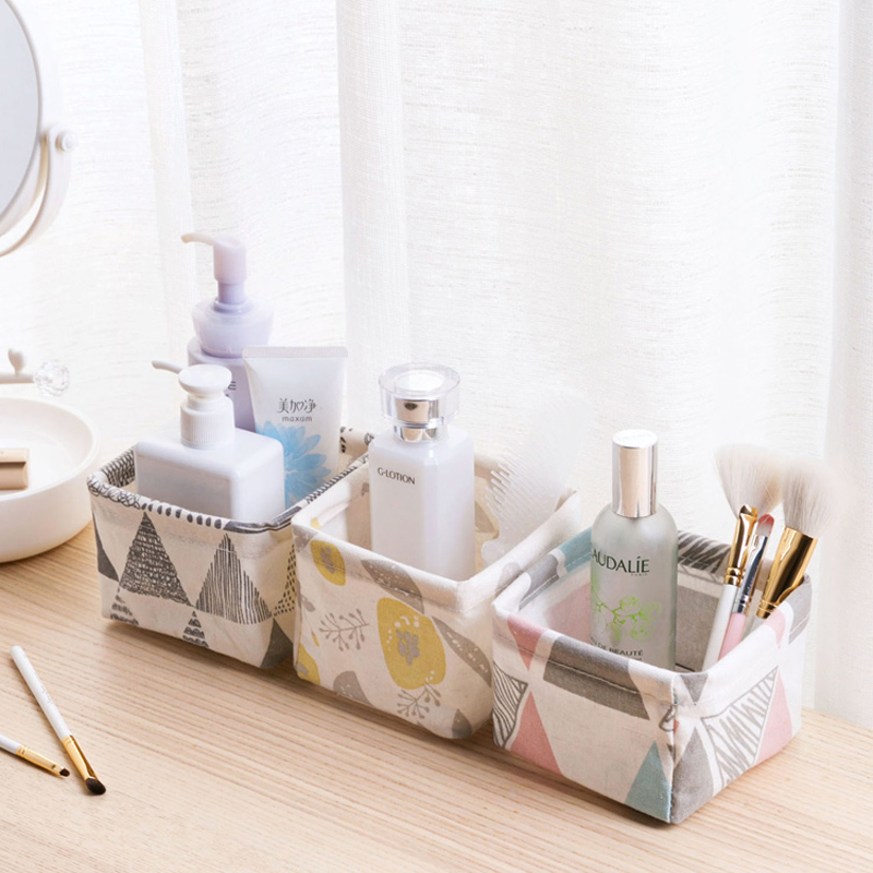 Cute Geometric Patterns Printing Canvas Office Desktop Storage Organizer Stationery Holder Storage Box Desktop Cosmetic Box
