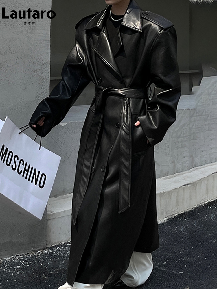 Lautaro-dames lange PU lederen trenchcoat, Europese en Amerikaanse catwalkmode, cool oversized, bruin, zwart, lente, herfst: XL / Black