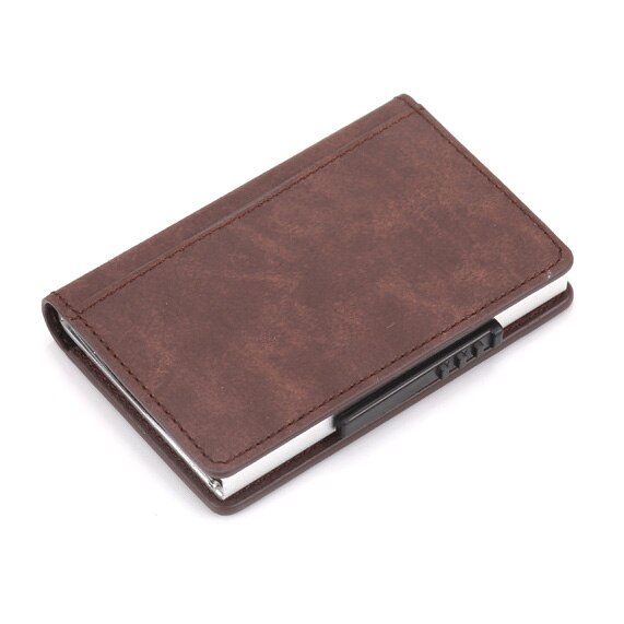 RFID Credit Card Box Case Aluminium+Leather Card Holder Wallet Manual Slider Anti-Scan Card Cover Men Women: brown