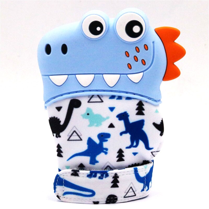 Baby Silicone Mitts Teething Mitten Glove Sound Teether Newborn Chewable Nursing Mittens Teether Natural Stop Sucking Thumb Toy: Blue Dinosaur