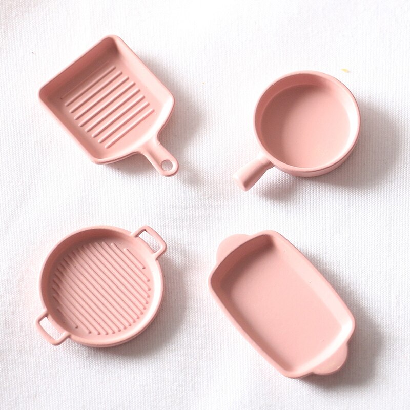4 Pcs/Set Doll House Baking Pan Japanese Steak Pan Miniature Kitchen Model Doll House Accessories: Pink