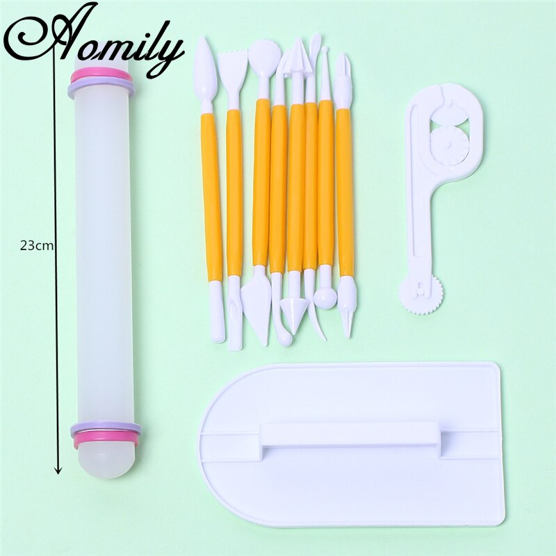 11Pcs/Set Icing Fondant Cake Tool Cake Decorating Tools Set Scraper Smoother Rolling Pin Carving Knife Engraving Embossing Mould