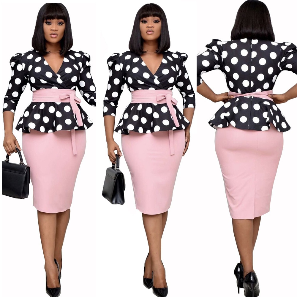 Dot Print African Dresses For Women Africa Office Dress African Clothes Ladies Clothing Robe Africaine Femme And Belt