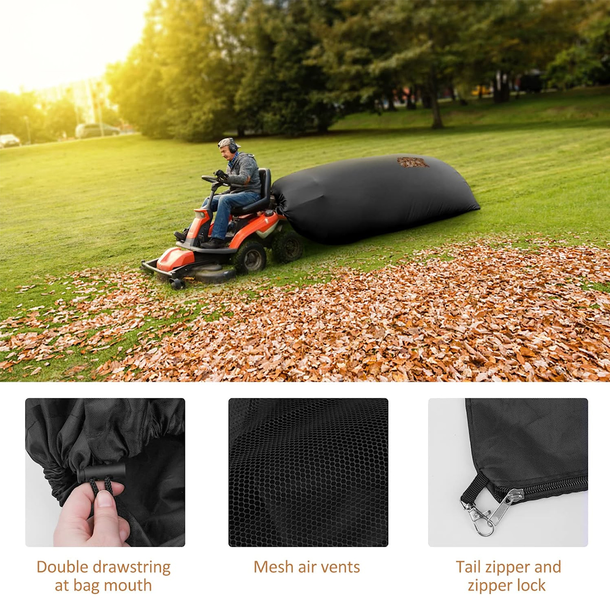 Sac à feuilles pour tracteur de pelouse, sac collecteur d'herbe, sac à feuilles de jardin 200 × 130cm, résistant à l'usure, grande capacité, tissu Oxford 420D pour tondeuse à gazon Gra