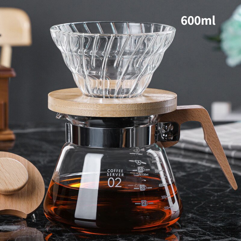 Striped V60 Drip Coffee Set Hand-held Coffee Pot Coffee Filter Cup Coffee Sharing Pot Free Spoon + Coffee Paper: Coffee Set 600ML-1