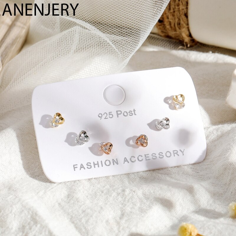 ANENJERY Zarte Kleine 6-stück Ohrringe einstellen Gold Silber Farbe Zirkon Liebe Herz Ohrringe Für Frauen Freund S-E1223