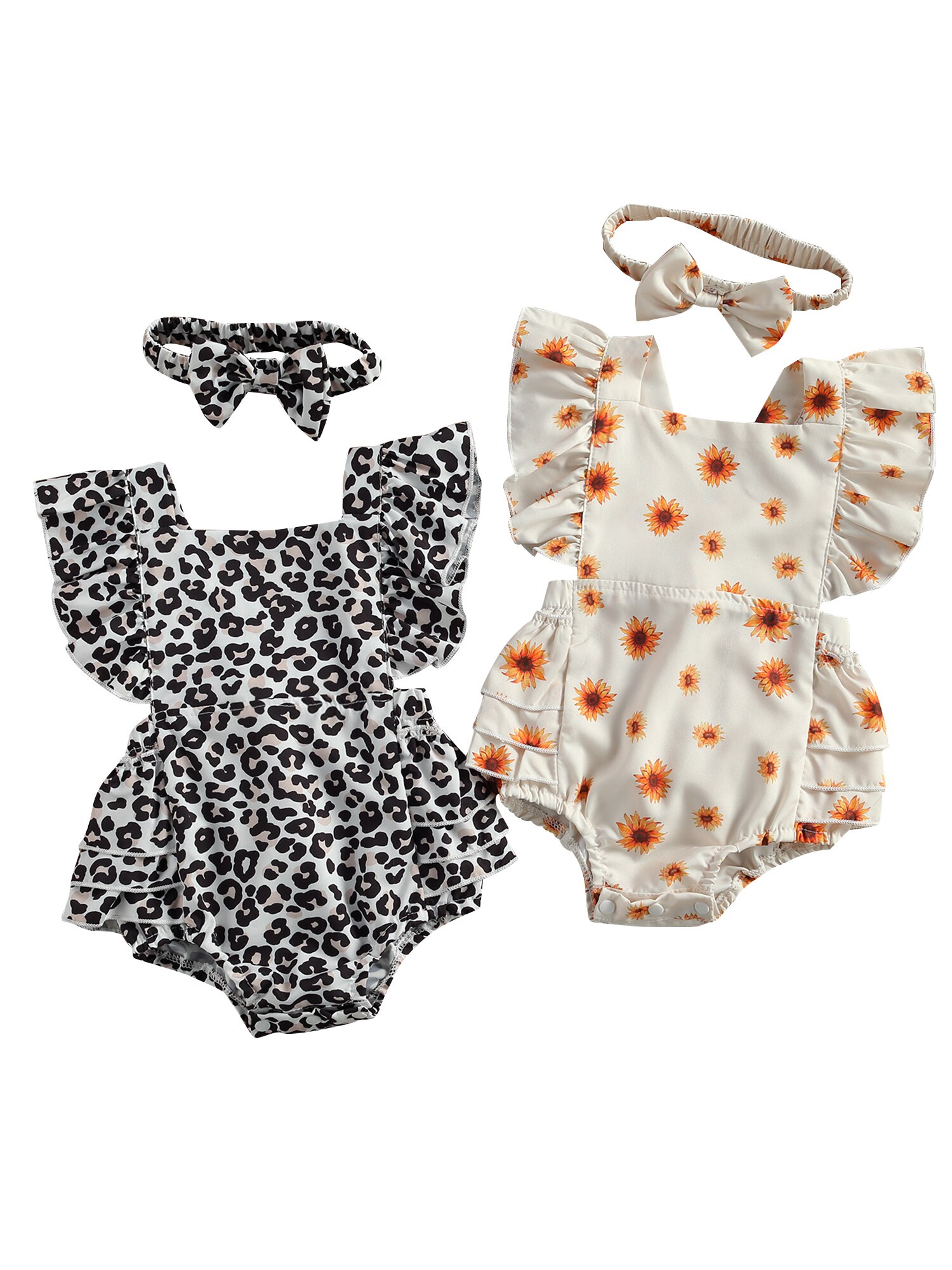 Summer Clothes Newborn Baby Girls Boys Leopard/Floral Rompers Headband Ruffles Short Sleeve Backless Jumpsuits Outfit 0-24M