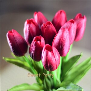 10 ks modrozelené tulipány umelé kvety skutočný dotyk pu artificiales para decora kytica domov svadobná výzdoba umelé kvety: Čierna červená 18