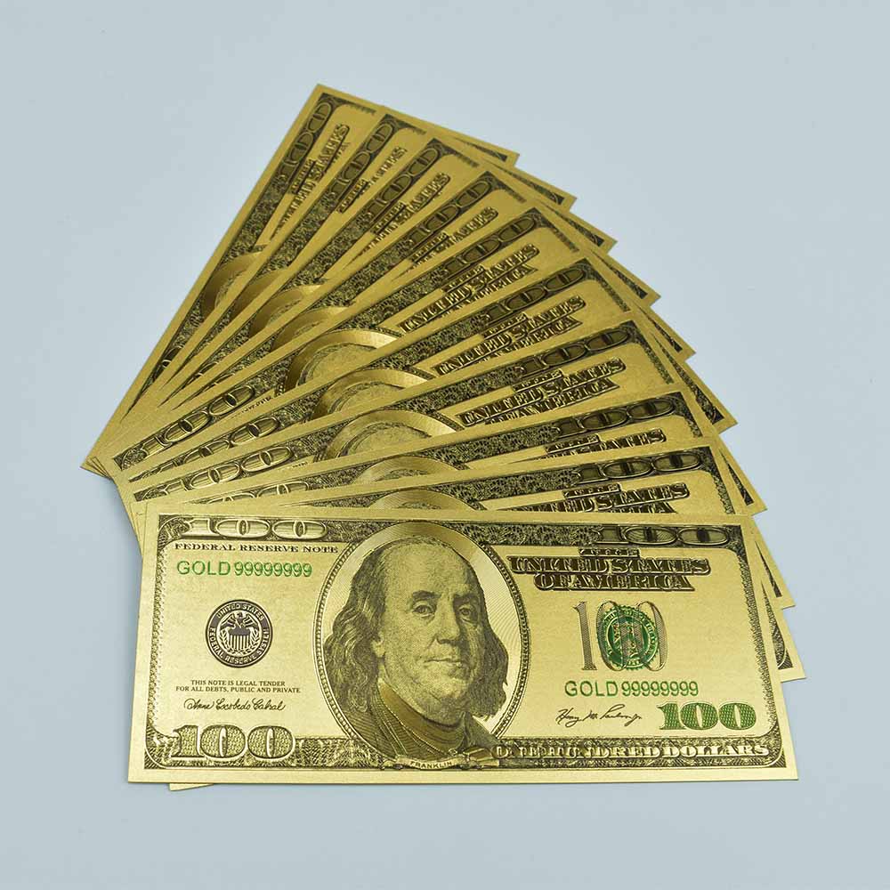 Billetes de papel de aluminio dorado con 100 dólares, billetes falsos para colección, con 100 dólares de América, 10 Uds.