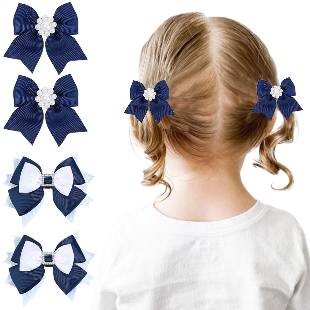 Ncmama, pinzas para el pelo con perlas azul oscuro para niñas, horquilla con lazo de cinta sólida, pasadores para niños, horquillas, accesorios para el cabello de Boutique