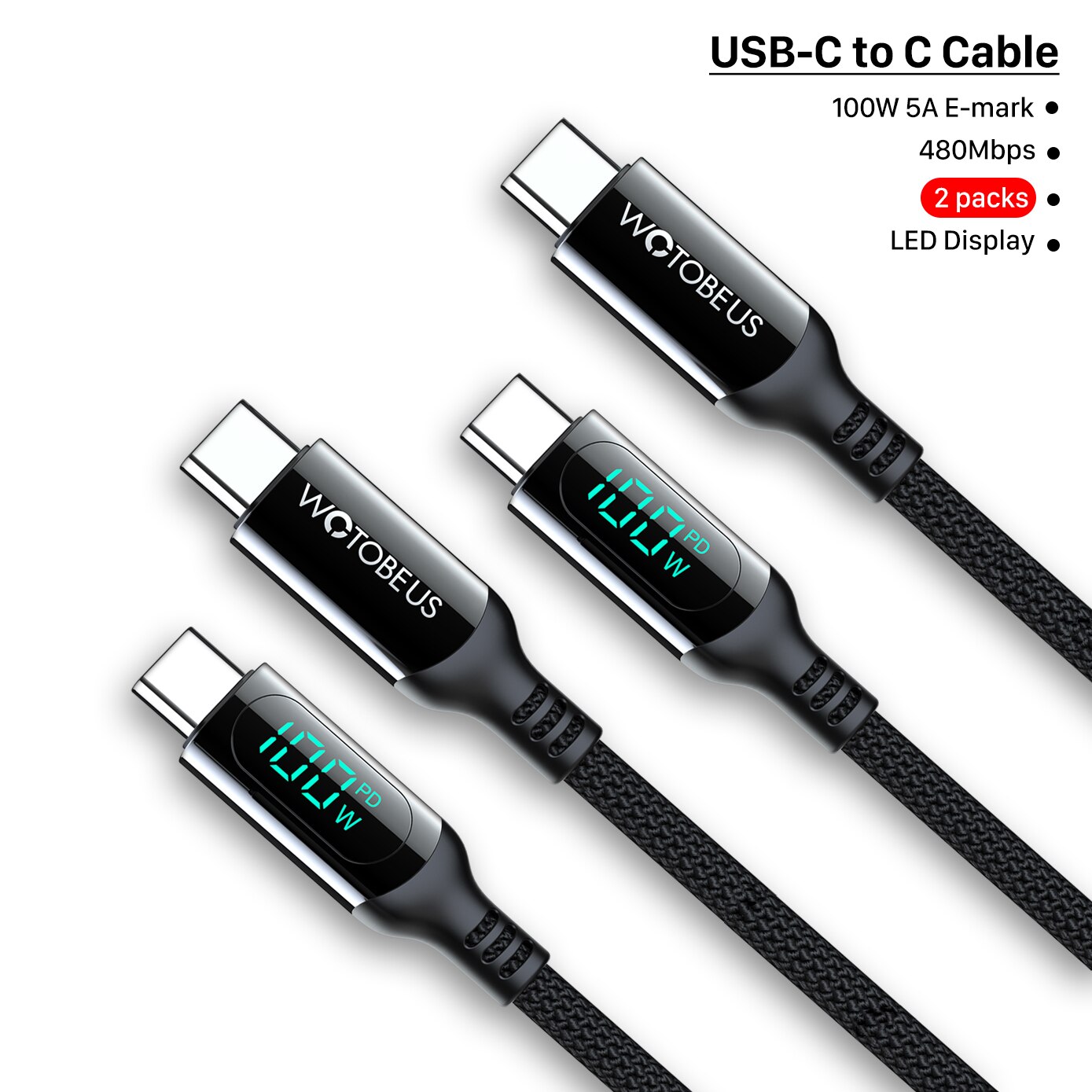 WOTOBE PD100W USB C zu USB C Kabel, LED-anzeige 5A E-Marker Schnelle Ladung Nylon Geflochtene Schnur für Samsung S21 Ultra iPad Laptop: 3m
