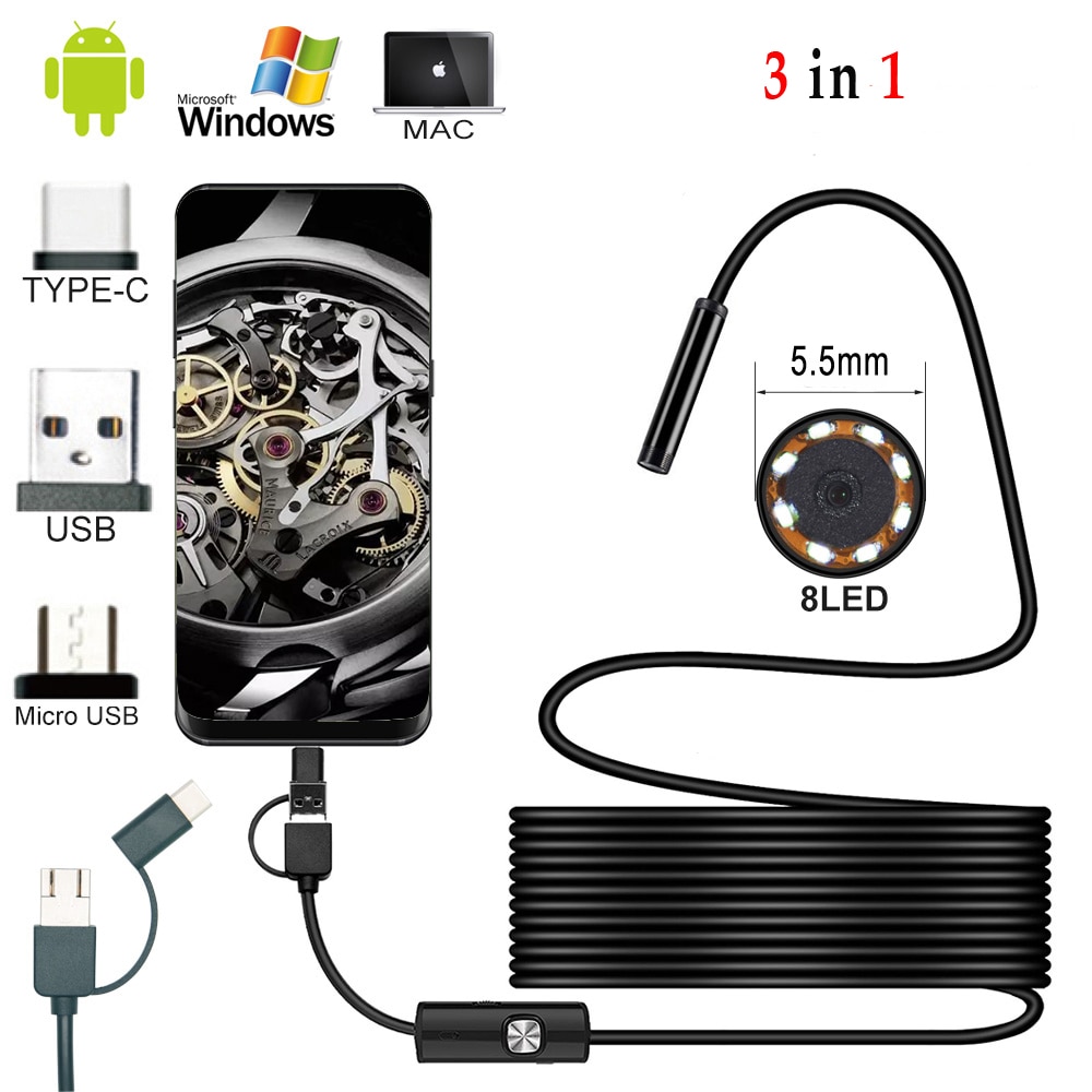 2m 1.5m 1m Mini 5.5mm Lens Snake Endoscope Camera Hard Semi-rigid Borescope Car Inspection Camera for Smartphone Android PC