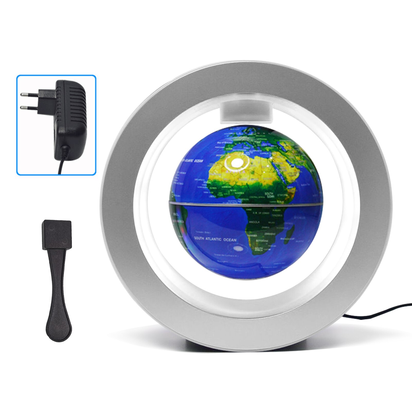 Globe flottant 6 pouces à lévitation magnétique, carte du monde rotative avec Base de lumière multicolore, lampe Globe Anti-gravité créative:  No LED BL-EU Plug