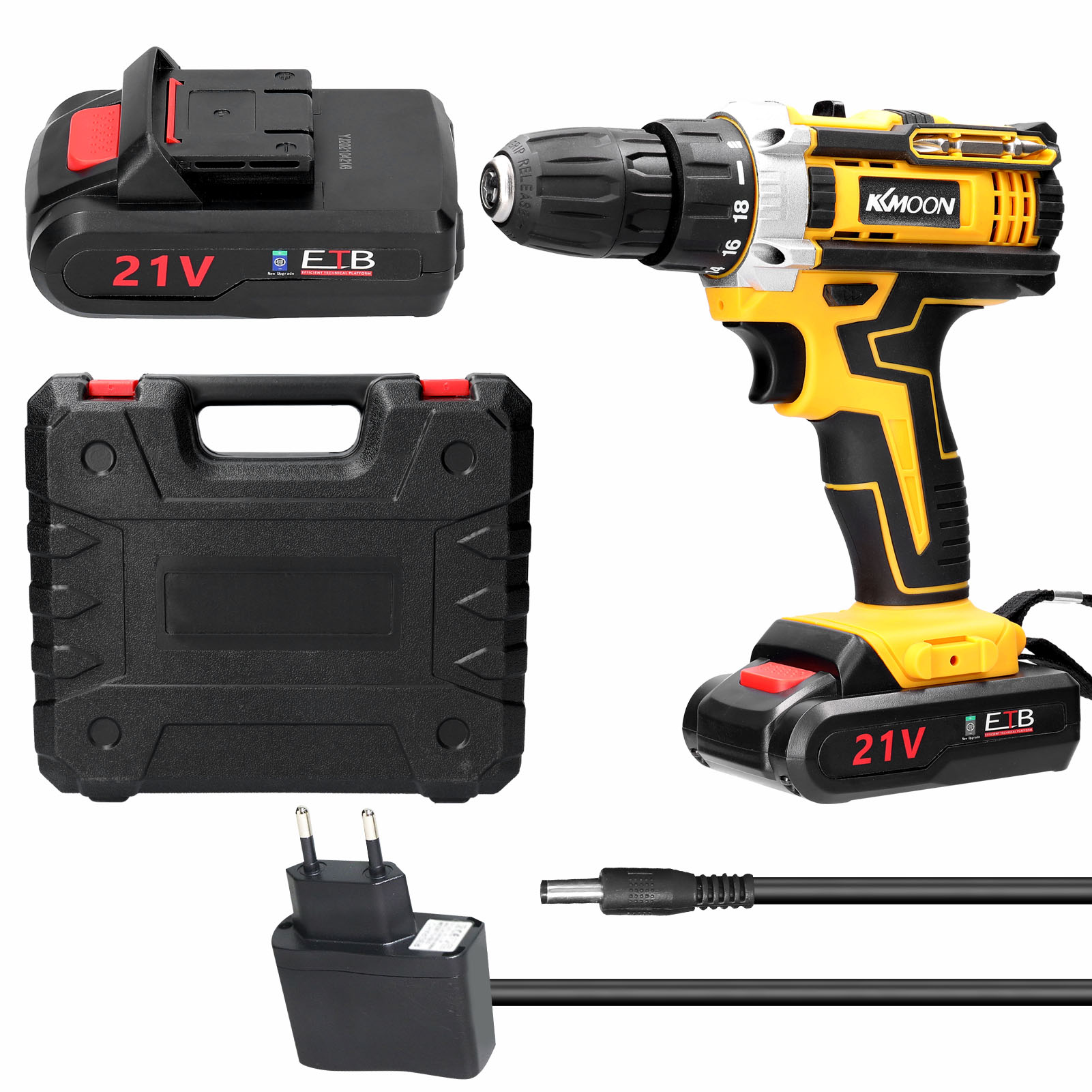 21V Cordless Electric Drill Brush Motor 2 Speeds Adjustment 18 Gears of Torque Adjustable Holes Drilling Machine: 2pcs Batteries / EU