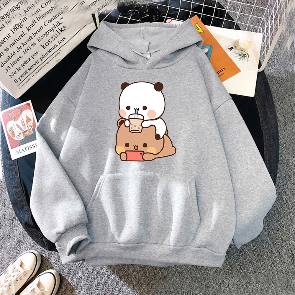Bubu And Dudu Drink Bubble Tea Print Women Hoodie Kawaii Female Sweatshirt Harajuku Loose Long Sleeve Plus Size Clothes Tops: L / GRAY