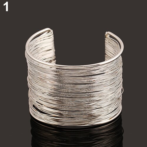 femmes En Métal Multicouche Fils Cordes Bracelet Ouvert Large Manchette Bracelet: Silver