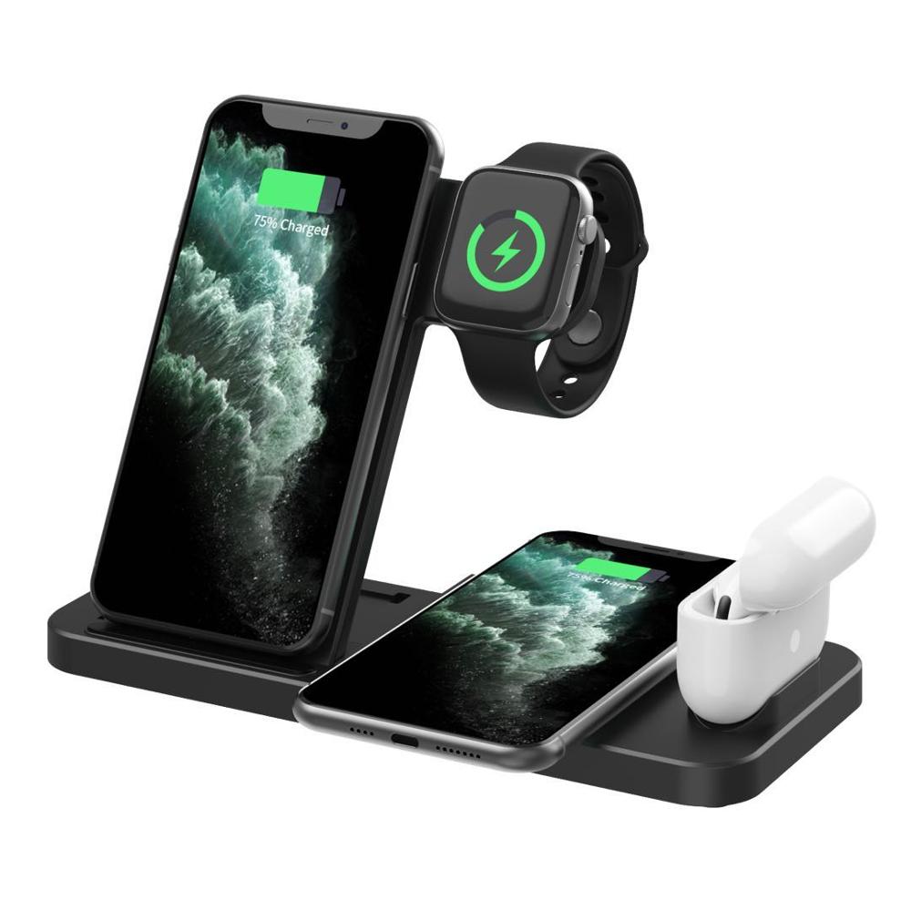 FDGAO 15W 4 in 1 Qi Wireless Charger Stand Fast Charging Dock Pad For iPhone 11 XS XR X 8 Plus Apple Watch 6 5 4 3 2 AirPods Pro: Type 02 Black