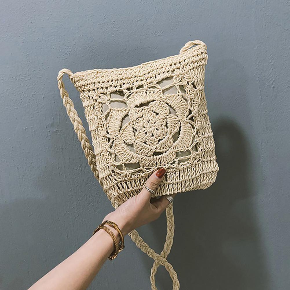 Bolsa transversal de palha para verão, bolsa de ombro trançada de crochê flor para mulheres e meninas, bolsa de praia em rattan, bolsas para viagem, 2021: Beige