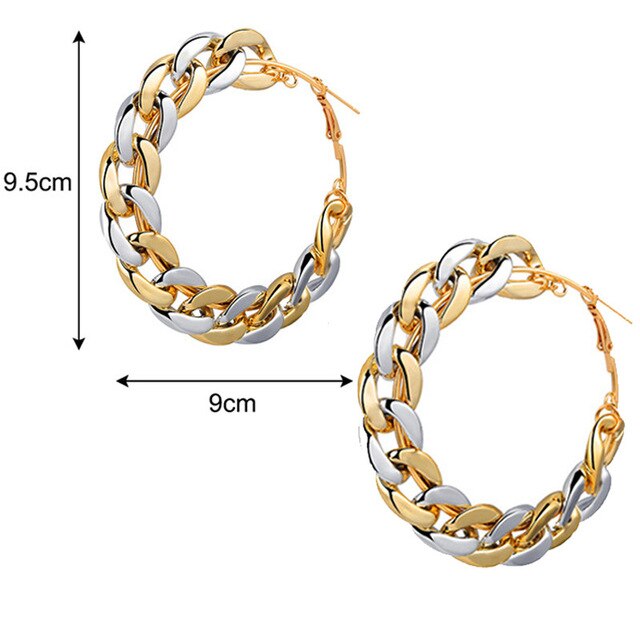 Bohemian Oversize Chain Hoop Earrings For Women Double Gold Silver Color Circle Earrings Luxury Statements: 9x9.5cm