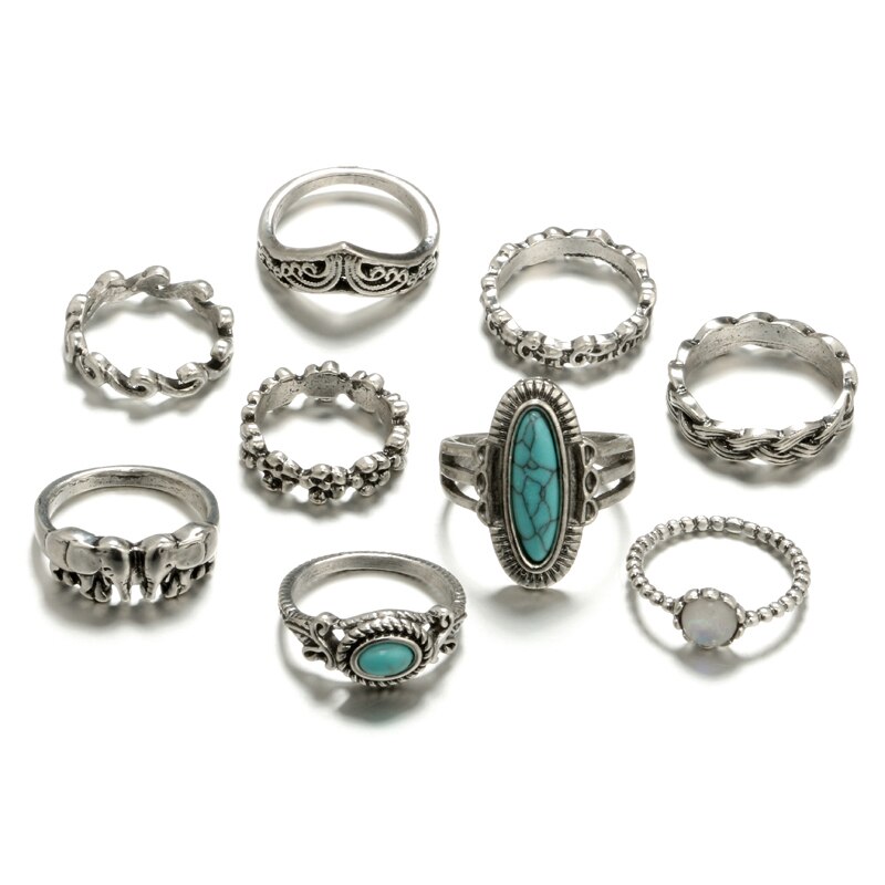 Tocona 9 Stks/set Boho Olifant Bloem Golf Gesneden Knuckle Midi Vinger Ringen Set Voor Vrouwen Antiek Zilver Kleur Ringen Sieraden 3589: Default Title