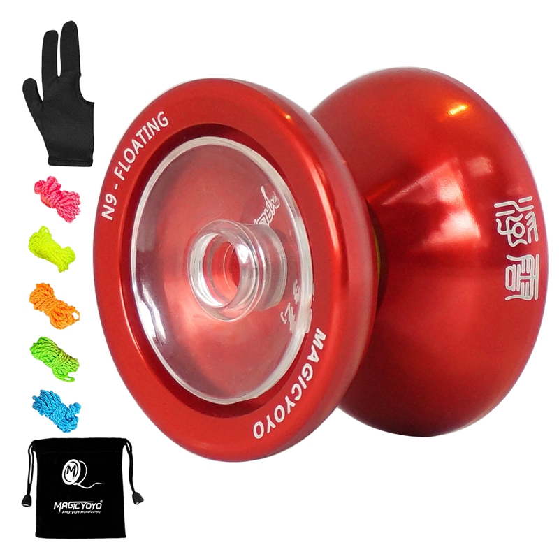 MAGICYOYO N9 Metal Yoyo Side Shaft Top Fingerplay Aluminum Alloy Yoyo with 5 Strings,Gloves: Red
