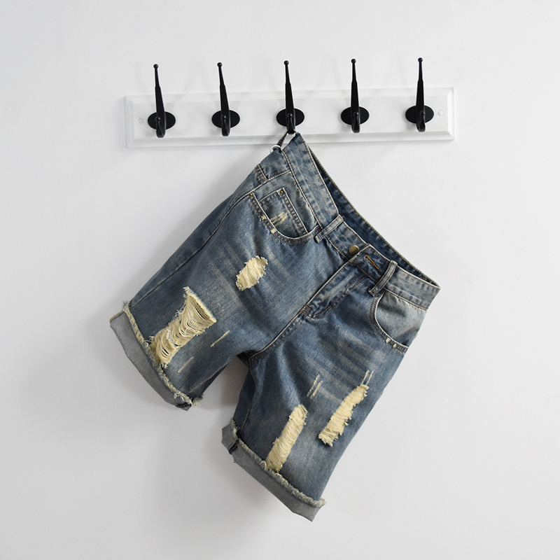 Verano agujero rasgado Big Boy Denim Shorts clásico rodilla lavada Streetwear ropa de playa cremallera Fly pantalones para hombre