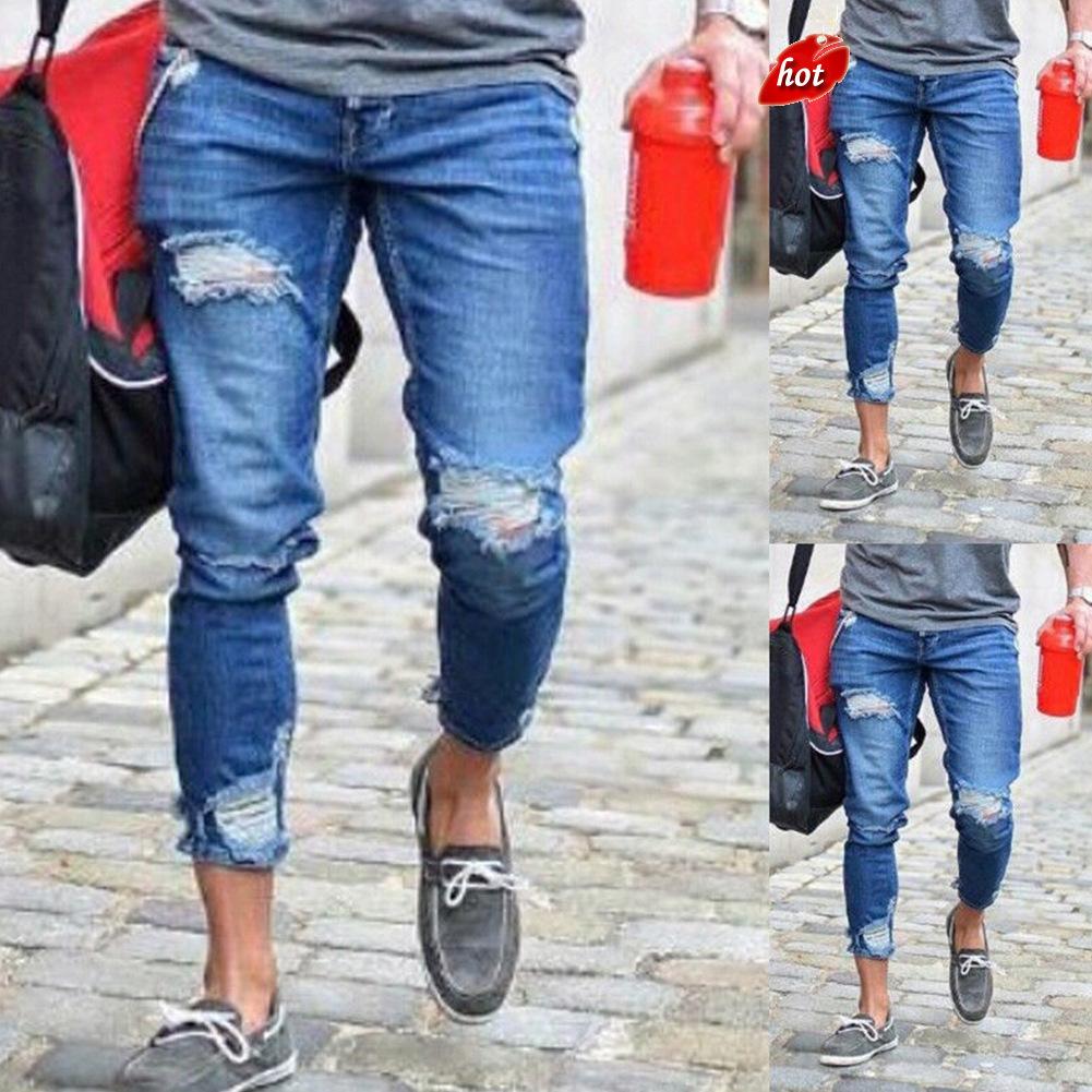 Arrived Men Biker Jeans Denim Ripped Holes Mid Waist Slim Supper Skinny Hip Hop Casual Jeans Men Clothes Plus Size O8R2