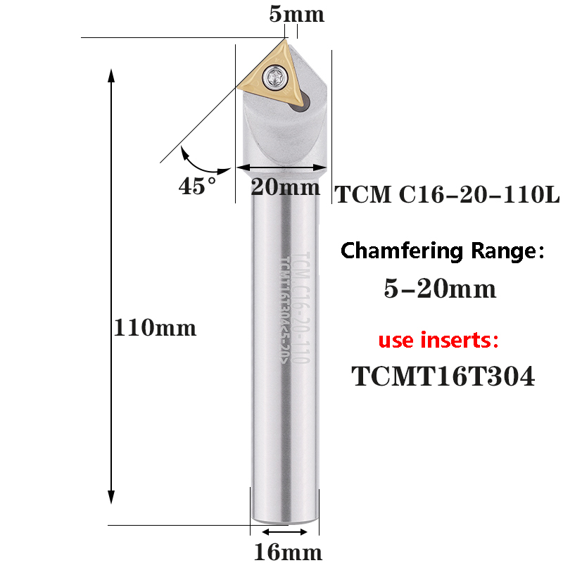 LIHAOPING TCM herramienta de chaflán de 45 grados 12 16 20 mm C20-40-120 torno CNC fresa de acero de tungsteno TCMT fresa de extremo de inserción de carburo: 34mm