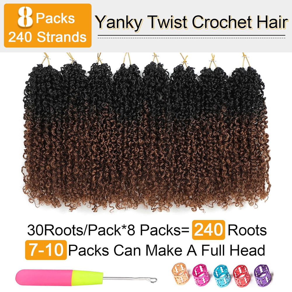 Yanky Twist Crochet Hair pour femmes noires, cheveux synthétiques pré-bouclés, cheveux au crochet marron ombré, extrémités bouclées, Yank Twist, 8 po