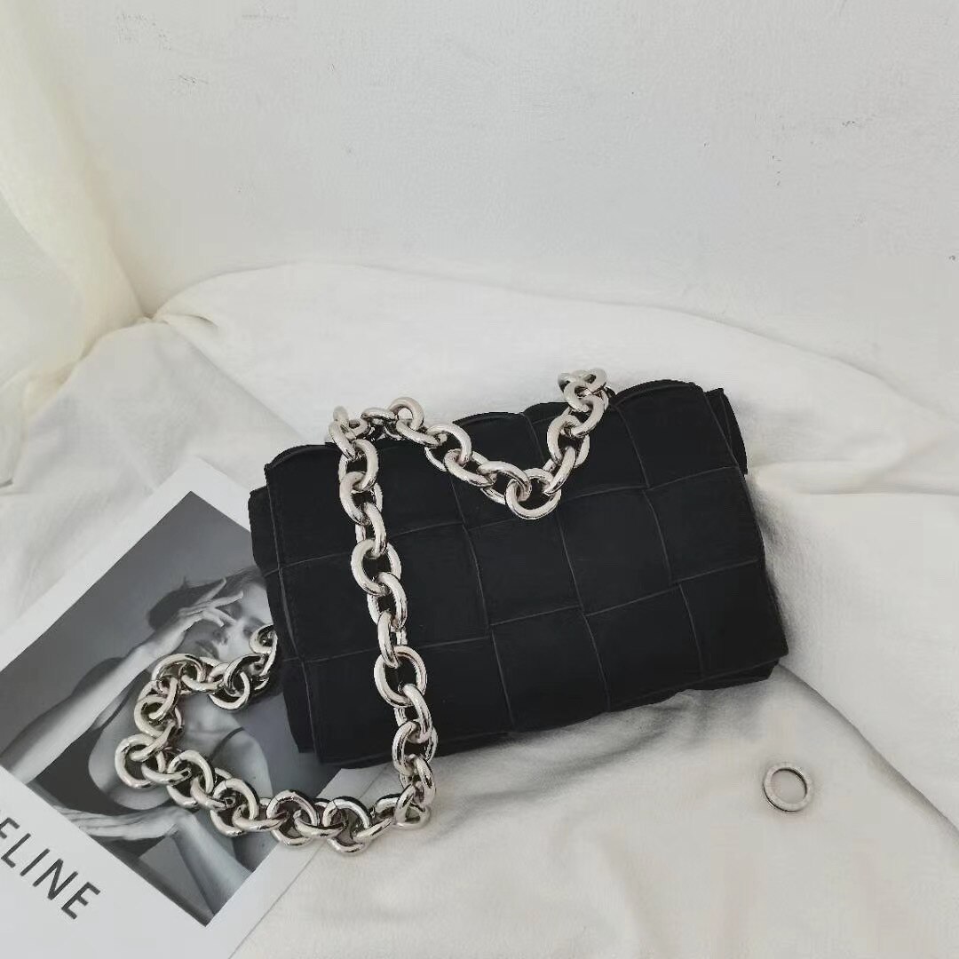 Thick Metal Chain Frosted Suede Shoulder Bag Women Woven Soft Square Crossbody Bags Female Purse: Black