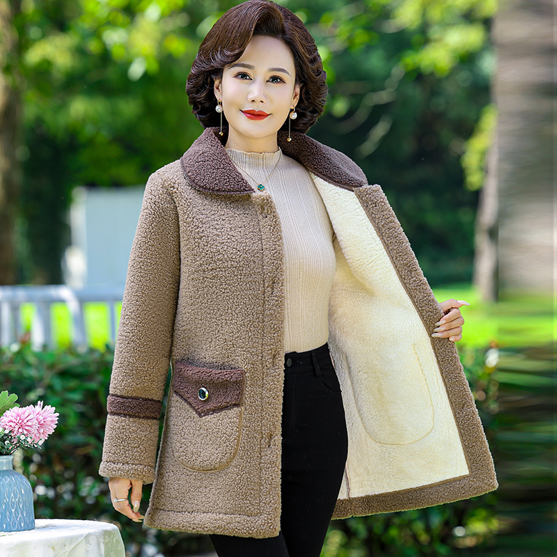 Chaqueta de Otoño Invierno para mujer, abrigo cálido de lana gruesa, abrigo de piel de cordero para mujer, vestido suelto medio largo para madre, chaqueta femenina