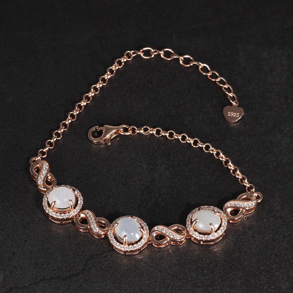 Natürliche Jade Edelstein Schmuck Sets Für Frauen Unendlichkeit Symbol 925 Sterling Silber 4 Krallen Einstellung Rose Gold Überzogen