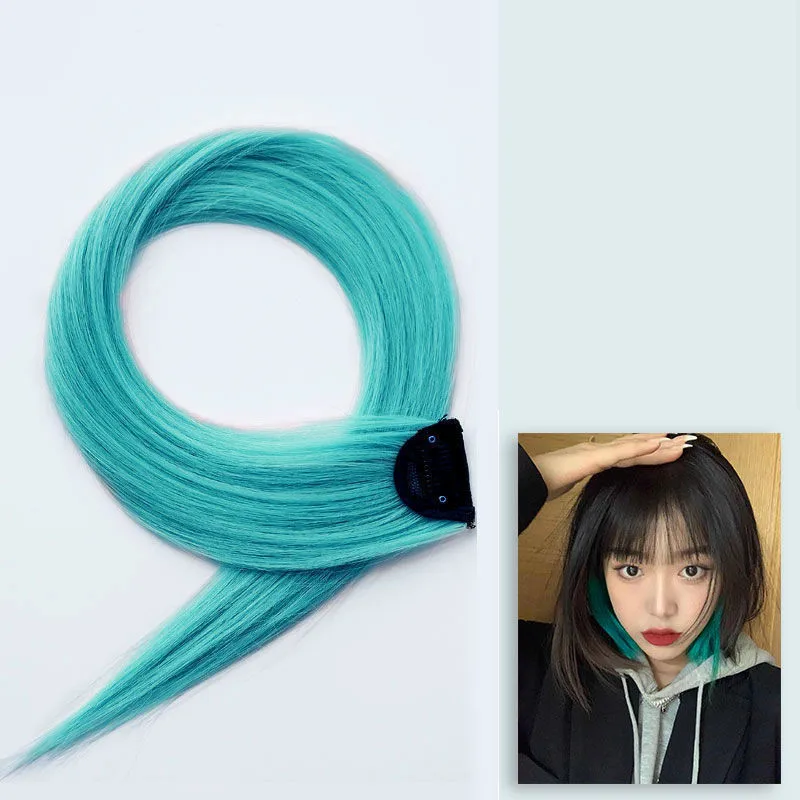 60cm postizo horquilla extensión de cabello Clip en postizo largo recto colgante oreja peluca Clip extensiones de cabello sintético Accesorios: Verde claro