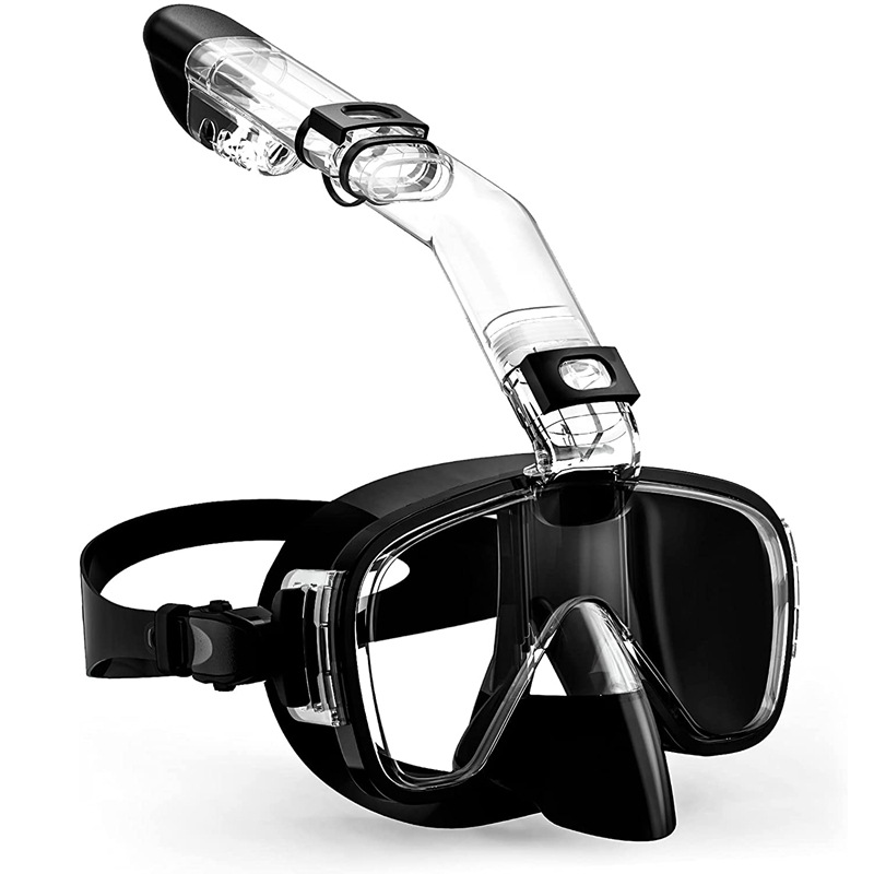 Duikmaskers Opvouwbare anti-condens snorkelmaskerset met volledig droog topsysteem voor gratis zwemmen Professionele snorkeluitrusting Volwassenen Kinderen: Black / S/M