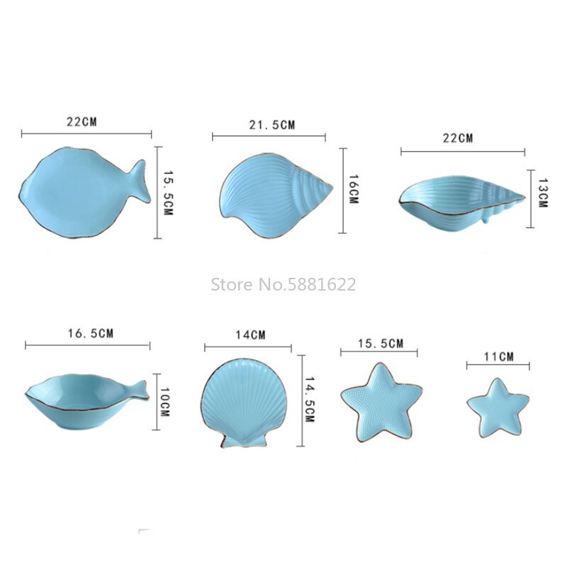 Japanse Oceaan Keramische Ontbijt Plat Servies Walvis Vis Schotel Shell Zeester Vorm Rijstkom Blauw Wit Porselein Servies