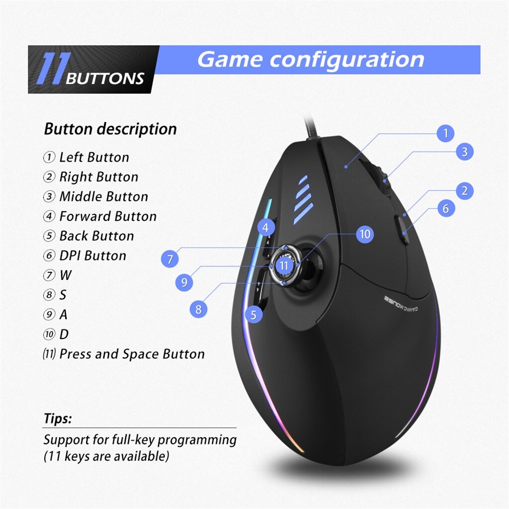 USB Rechargeable Wireless Mouse 2.4GHz Vertical Gaming Mouse 1500-10000 DPI Ergonomic Computer Mice for PC Laptop Office Game