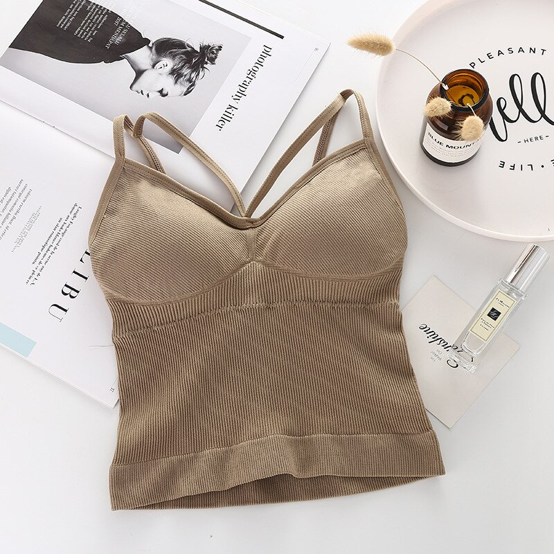 Women Sports Bra Padded Tops Solid Fitness Running Cropped Top Women Sportswear Gym Tank Tops Athletic Push Up Bras: Khaki