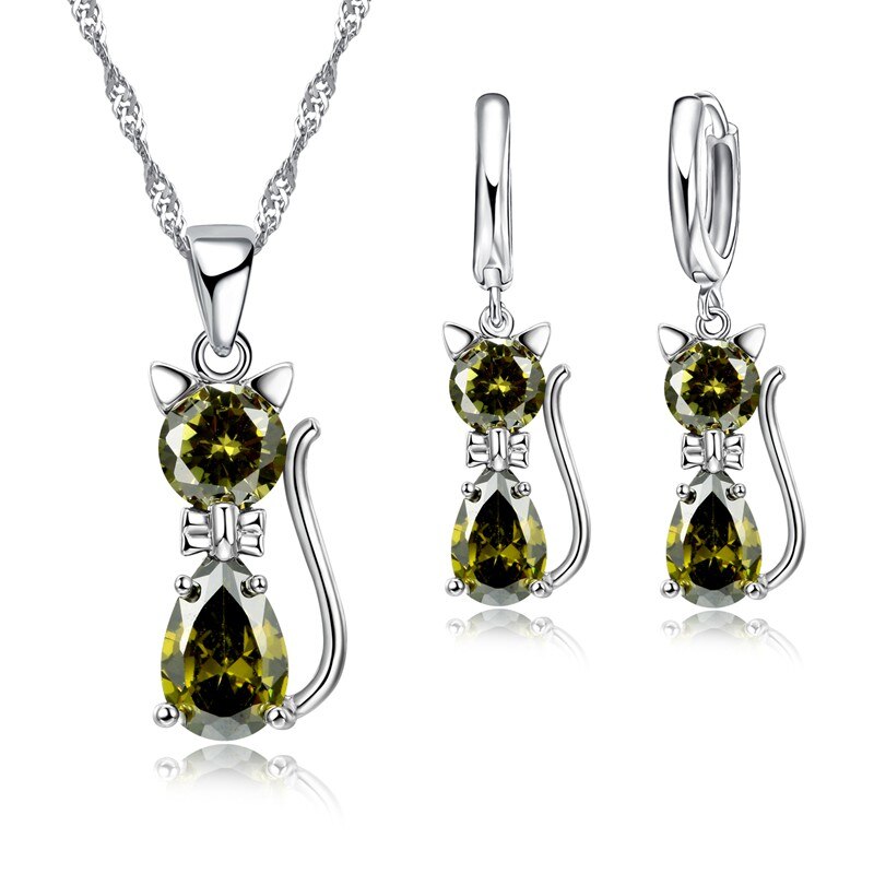 Brincalhão gato animal de estimação pingente colar e argola brincos conjuntos de jóias 925 prata esterlina charme feminino jóias presente de natal