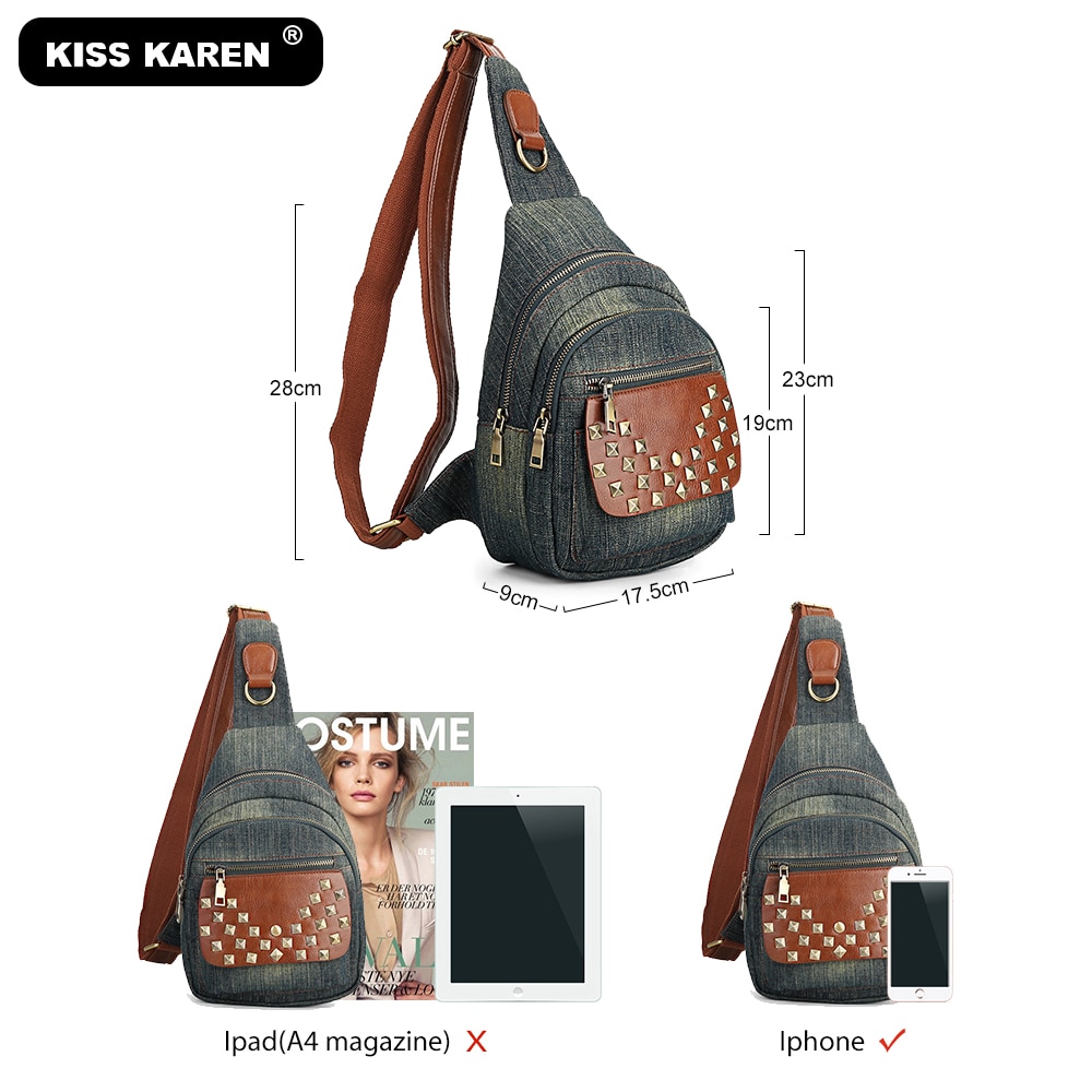 Studded Women Chest Bags Durable Jeans Casual School Bag Travel Women's Shoulder Messenger Denim Sling Bags