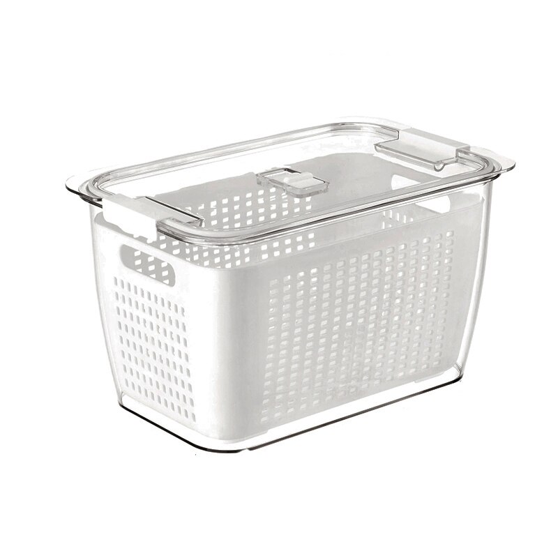 Fridge Storage Box Refrigerator Vegetable Fruit Boxes Drain Basket Containers With Lid Food Preservation Box Kitchen Organizer: white / L--4.5L