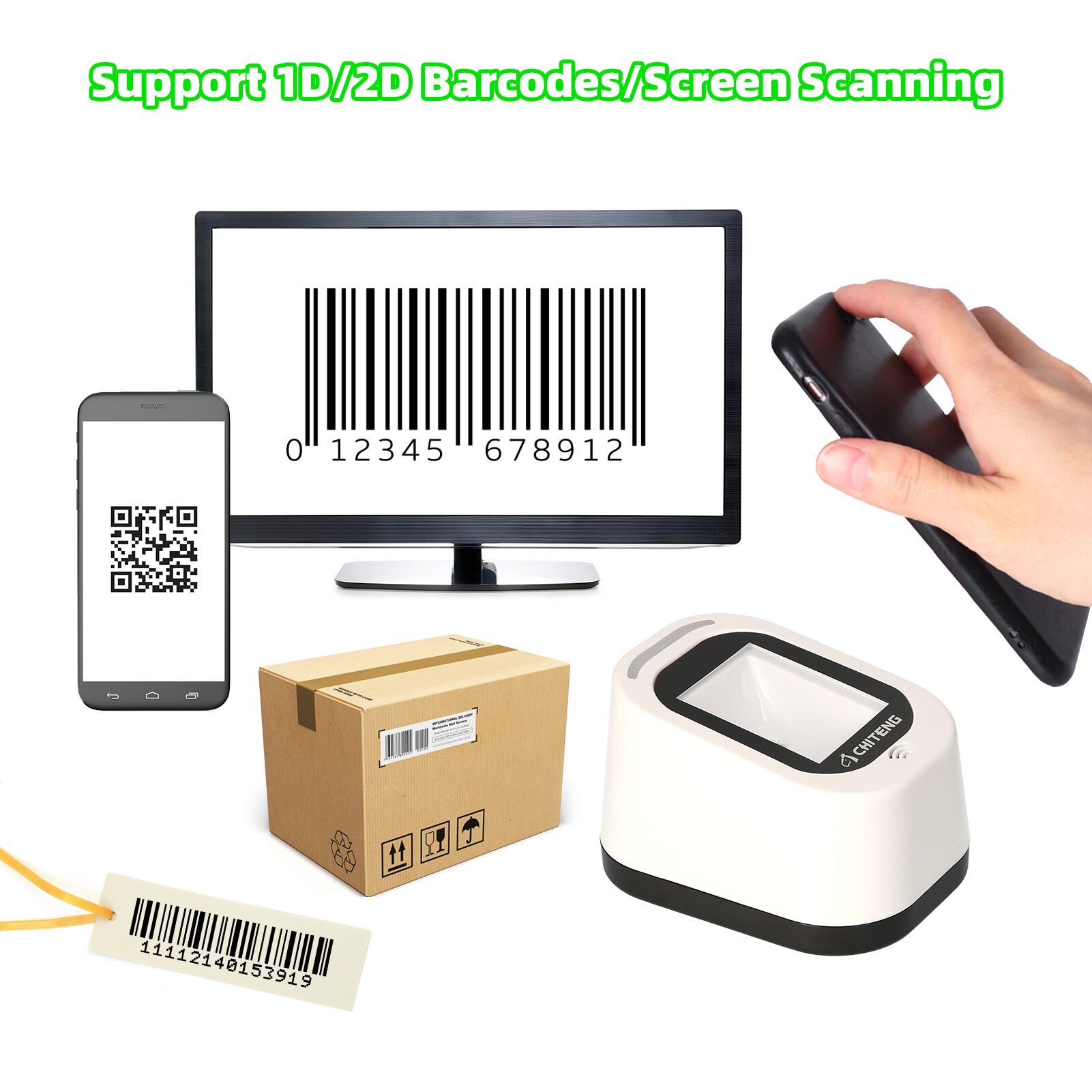 Desktop 1D 2D QR Barcode Scanner Platform USB Wired Bar Code Reader Large Scanning Window Support Auto-Sensing/Continuous Scan