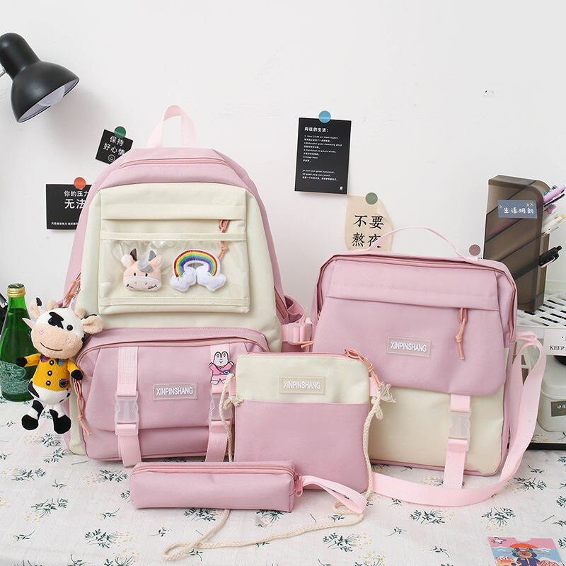 4 unids/set de lona mochilas para mujeres lindo bolsas para la Escuela de las niñas adolescentes bolsas los estudiantes mochilas para mujer mochila: Light pink / With pendant